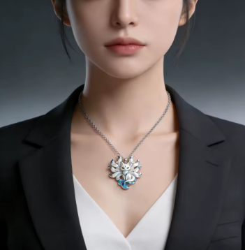 Person wearing a necklace with a detailed pendant against a neutral background