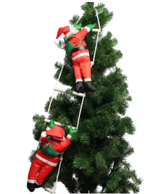 Two Santa Claus figurines on a ladder climbing a Christmas tree.