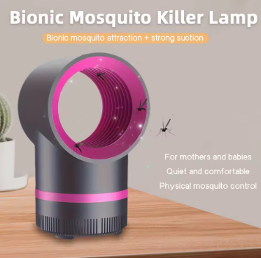 Bionic mosquito killer lamp on a wooden surface with text highlighting features.