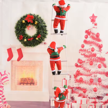 Christmas-themed room with wreath, stockings, and tree.