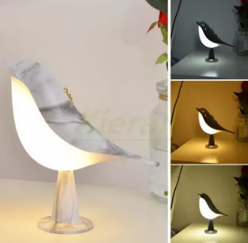 Collage of a bird-shaped lamp with marble design on a white background