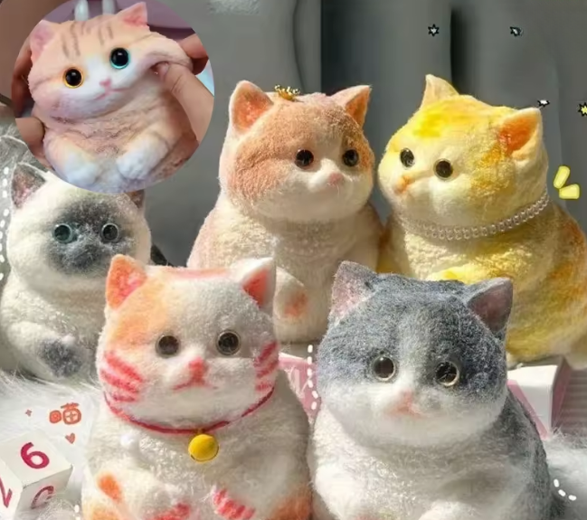 Collection of plush cat toys with different colors and designs.