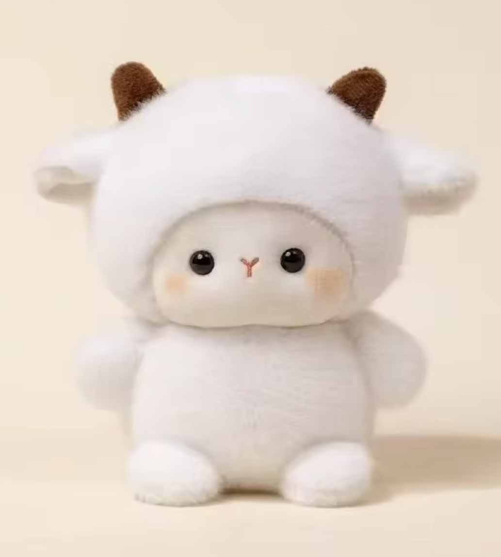 Cute plush toy with a white face and brown ears on a beige background