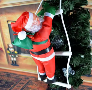 Decorative Christmas ornament of a Santa Claus climbing a ladder on a tree.