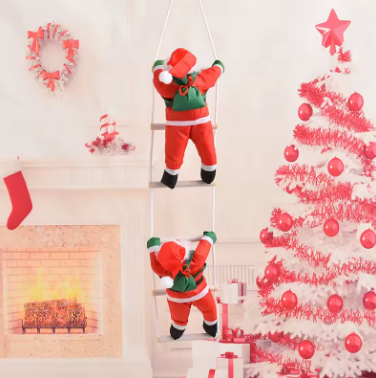 Decorative Christmas scene with a Santa Claus figure on a swing, Christmas tree, and stockings.