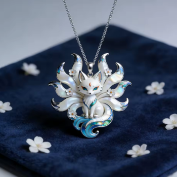 Decorative pendant with a fox design on a blue fabric background with white flowers.