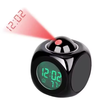 Digital clock with projection feature on a white background