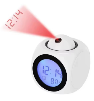 Digital clock with red light projection on a white background