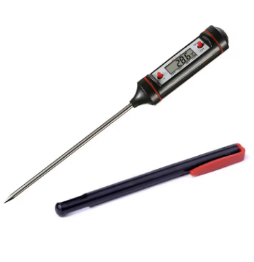 Digital thermometer with a long probe on a white background