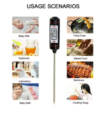 Digital thermometer with usage scenarios including baby milk, fried food, baked food, barbecue, laboratory, and baby bath.