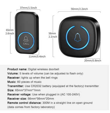 Digital wireless doorbell with dimensions and specifications on a white background