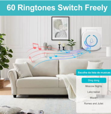 Living room with a white wall, sofa, and a device displaying ringtones.