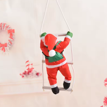 Plush toy Santa Claus on a swing with Christmas decorations in the background
