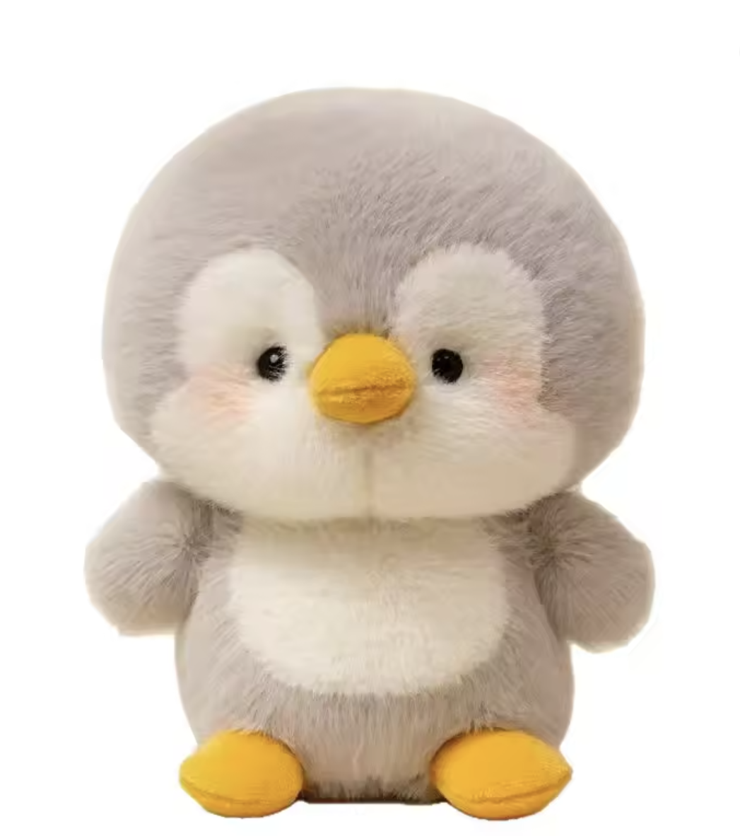 Plush toy penguin with gray body, white face, and yellow feet and beak on a white background