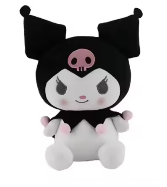 Plush toy with black hair, pink skull emblem, and white body on a white background