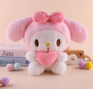 Plush toy with pink bow and heart on a beige background