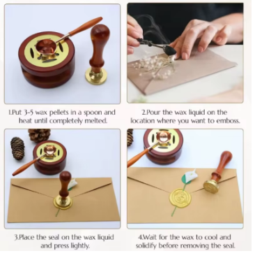 Step-by-step guide on using a wax seal with images and text instructions.