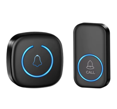 Two black doorbell components with blue indicator lights on a white background