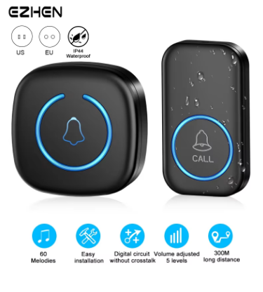 Two black electronic doorbell components with blue indicator lights on a white background, featuring the brand 'EZHEN'.