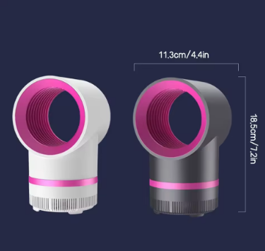 Two cylindrical devices with pink accents and measurements on a dark background