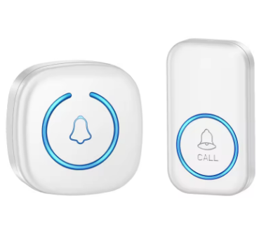 Two white doorbell components with blue circular buttons on a white background