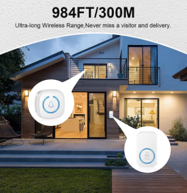 Wireless security sensor with a house in the background, emphasizing long-range capability.