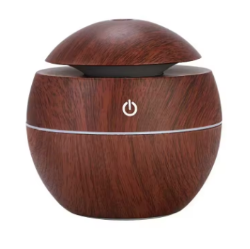 Wooden-textured humidifier with power symbol on a white background