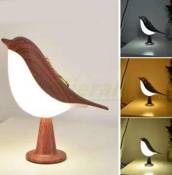 Wooden bird-shaped lamp with multiple views on a white background