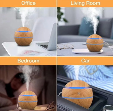 Wooden diffuser emitting mist in various settings: office, living room, bedroom, and car.